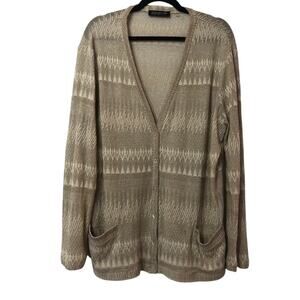 Jones New York Gold Metallic Cardigan Sweater Womens L Zig Zag Oversized Preppy